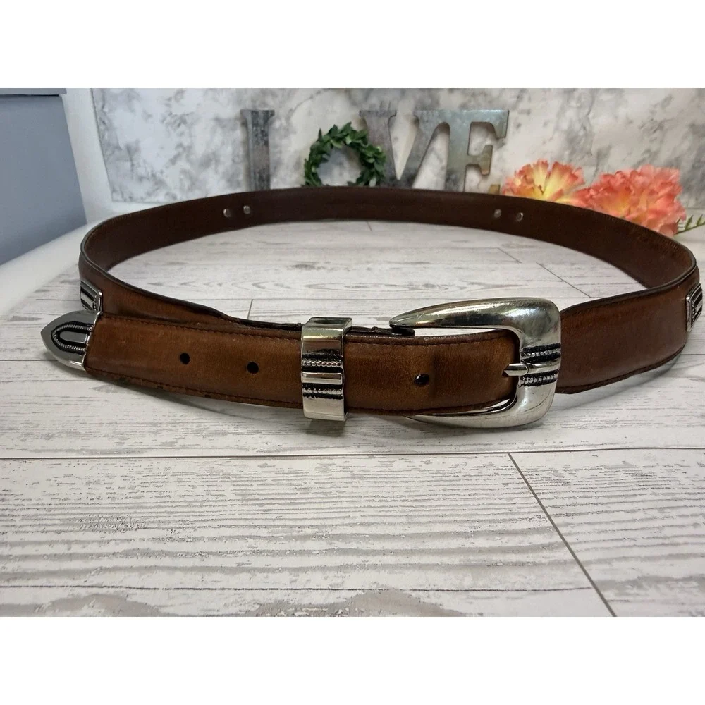 Vintage Brown Silver Tone Buckle Mens Belt Top Grain Leather Size 42 Fits to 44